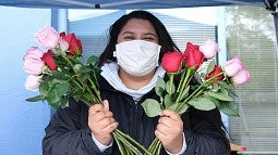 individual holding two bouquet of roses